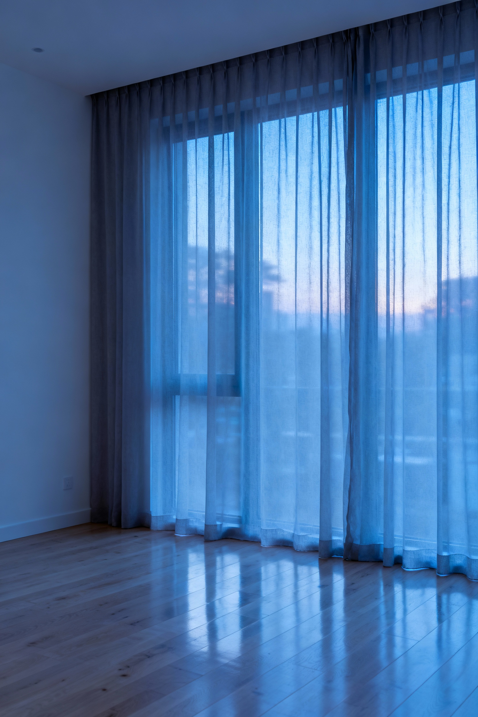 Minimalist small Scandinavian bedroom featuring sheer pale gray curtains filtering cool 'blue hour' light to enhance airy openness and privacy.