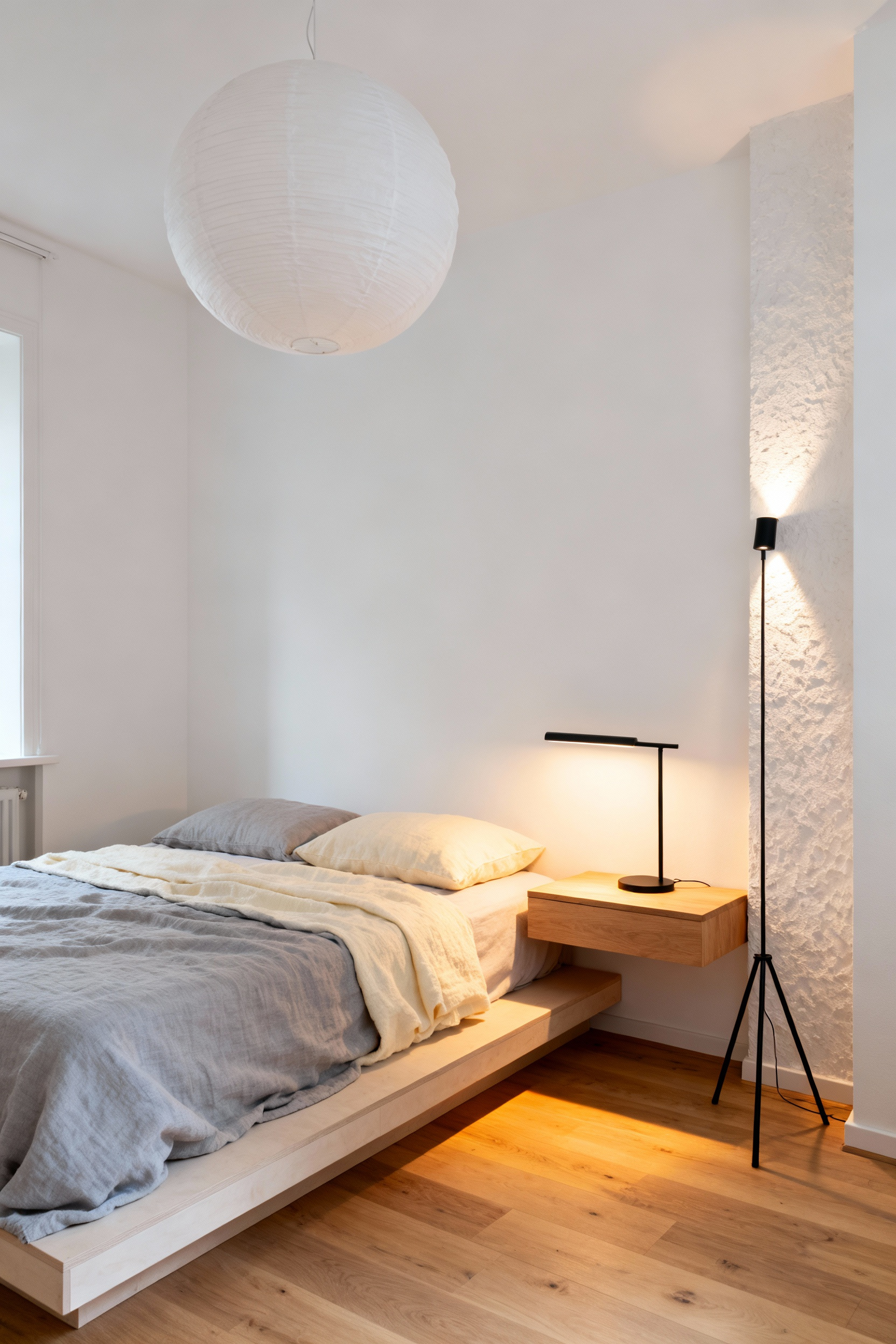 Small Scandinavian bedroom featuring three distinct layered light sources (high pendant, mid table lamp, low floor lamp) to soften shadows and make the space feel larger.