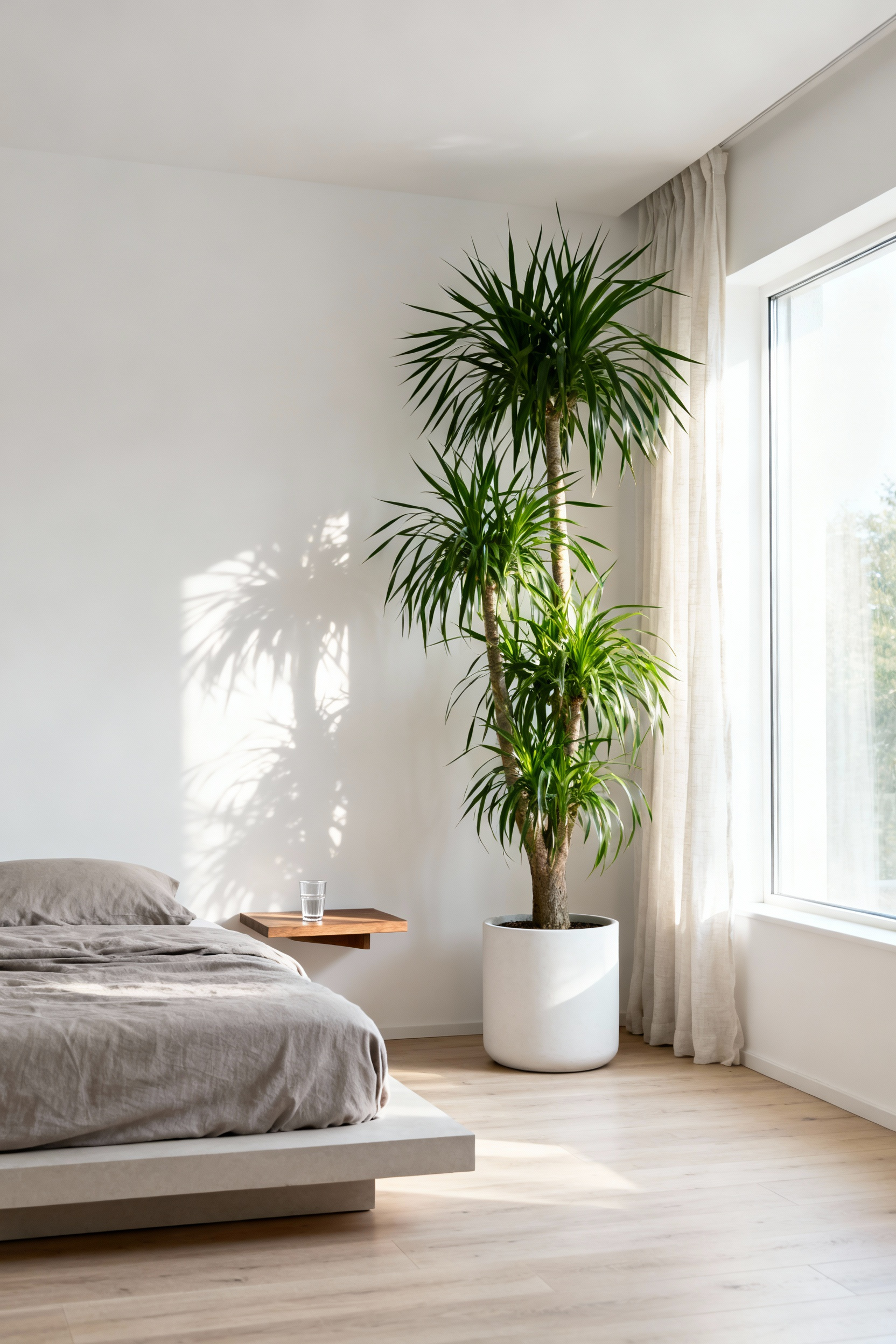 A bright, minimalist small bedroom featuring a single, tall Dragon Tree plant in a white pot, used as an architectural element to increase the perceived ceiling height and add natural visual interest.