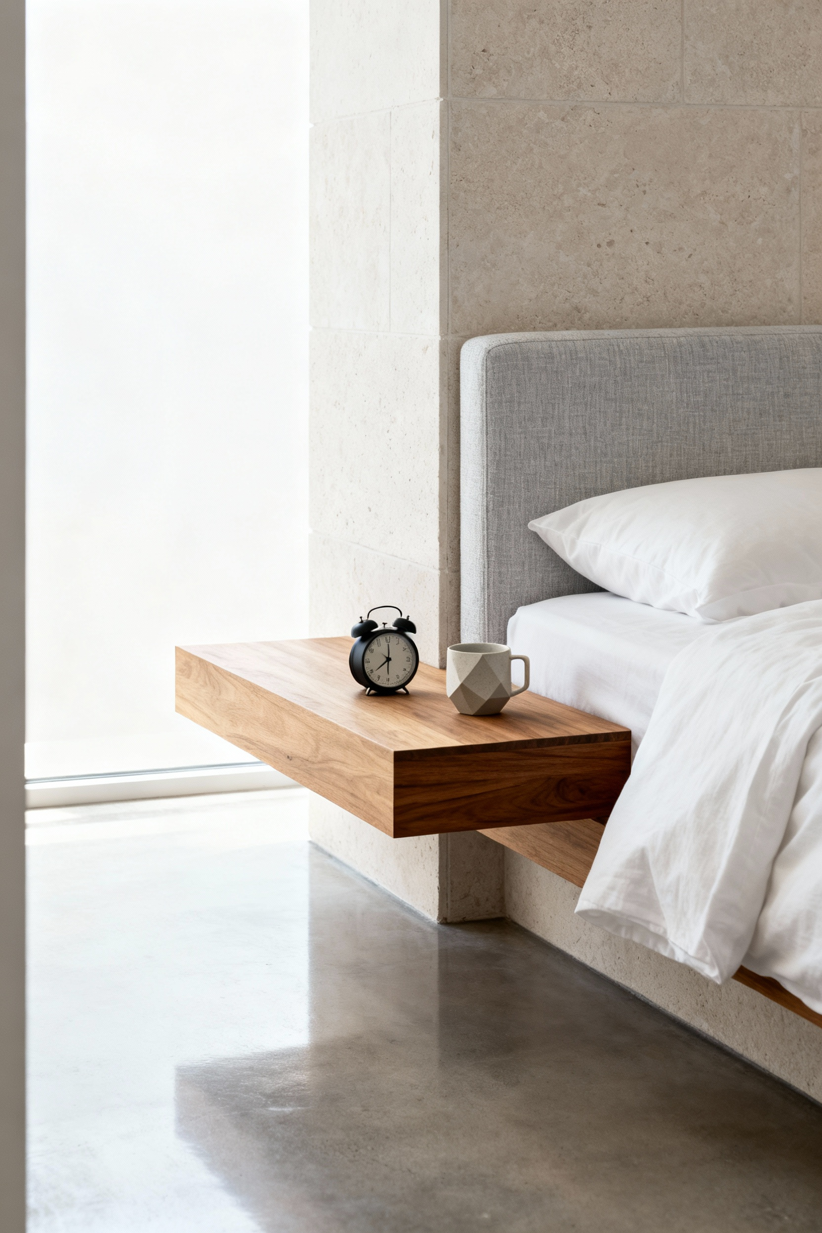 A photograph of a bright, small bedroom featuring a wall-mounted light oak floating nightstand positioned to maximize floor space and create visual continuity.