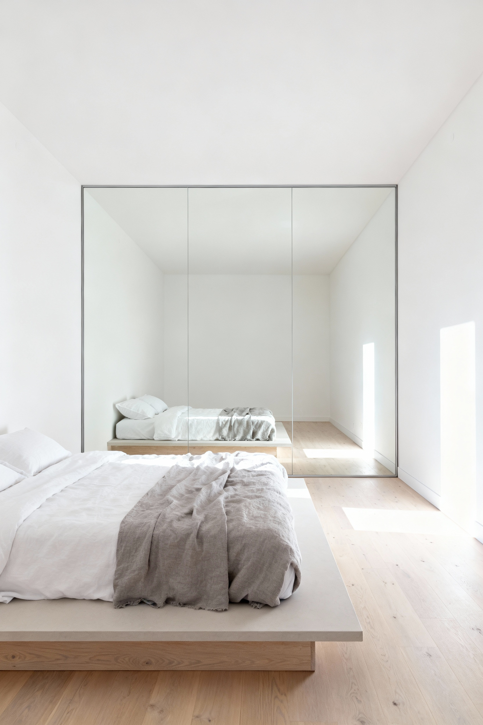 A photograph illustrating reflection engineering in a small Scandinavian bedroom, where a large wall mirror reflects the interior, doubling the perceived depth of the room and increasing natural light.