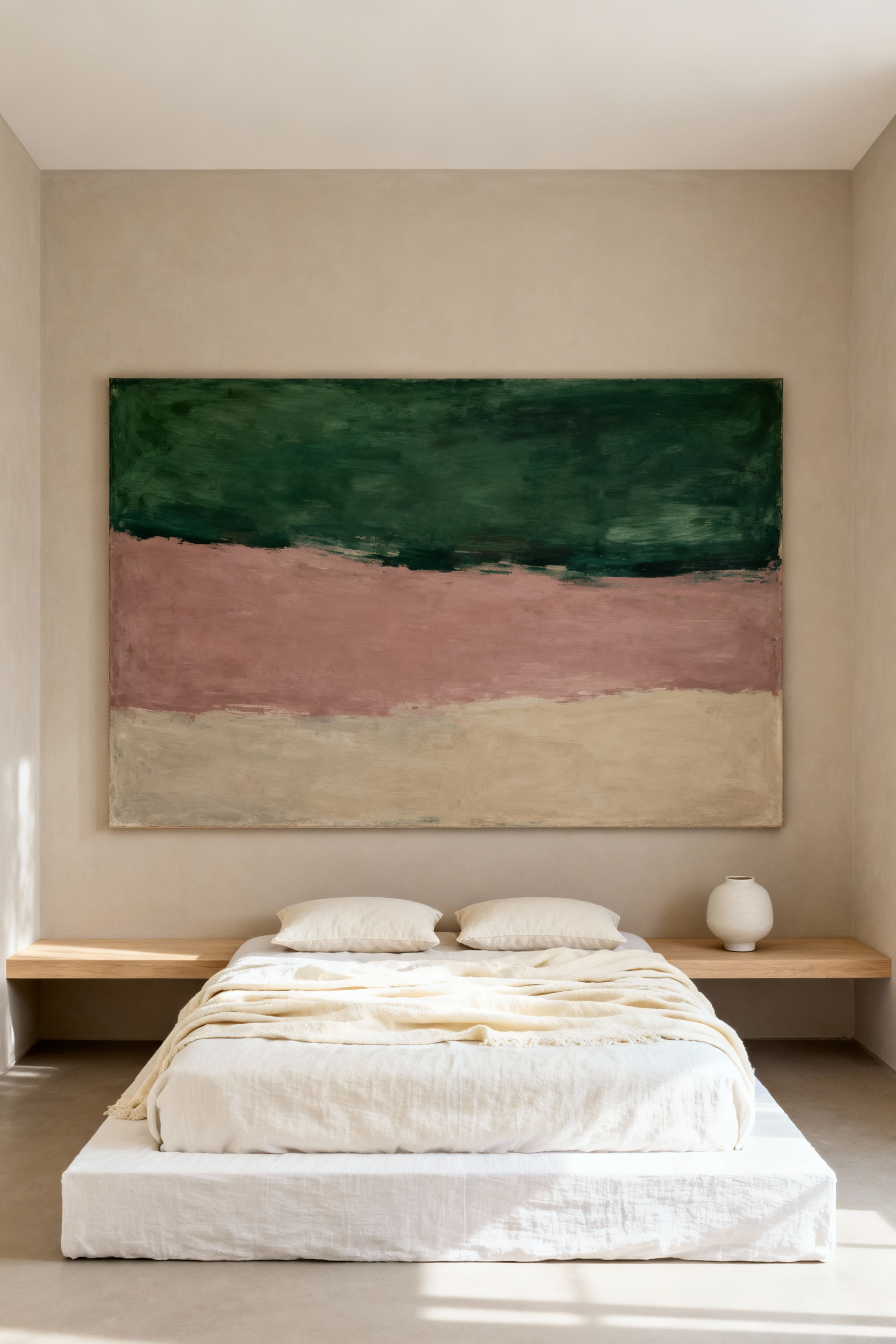 A minimalist small bedroom featuring a low white bed and a single, oversized abstract painting hung above the headboard, demonstrating how one large artwork expands the space.