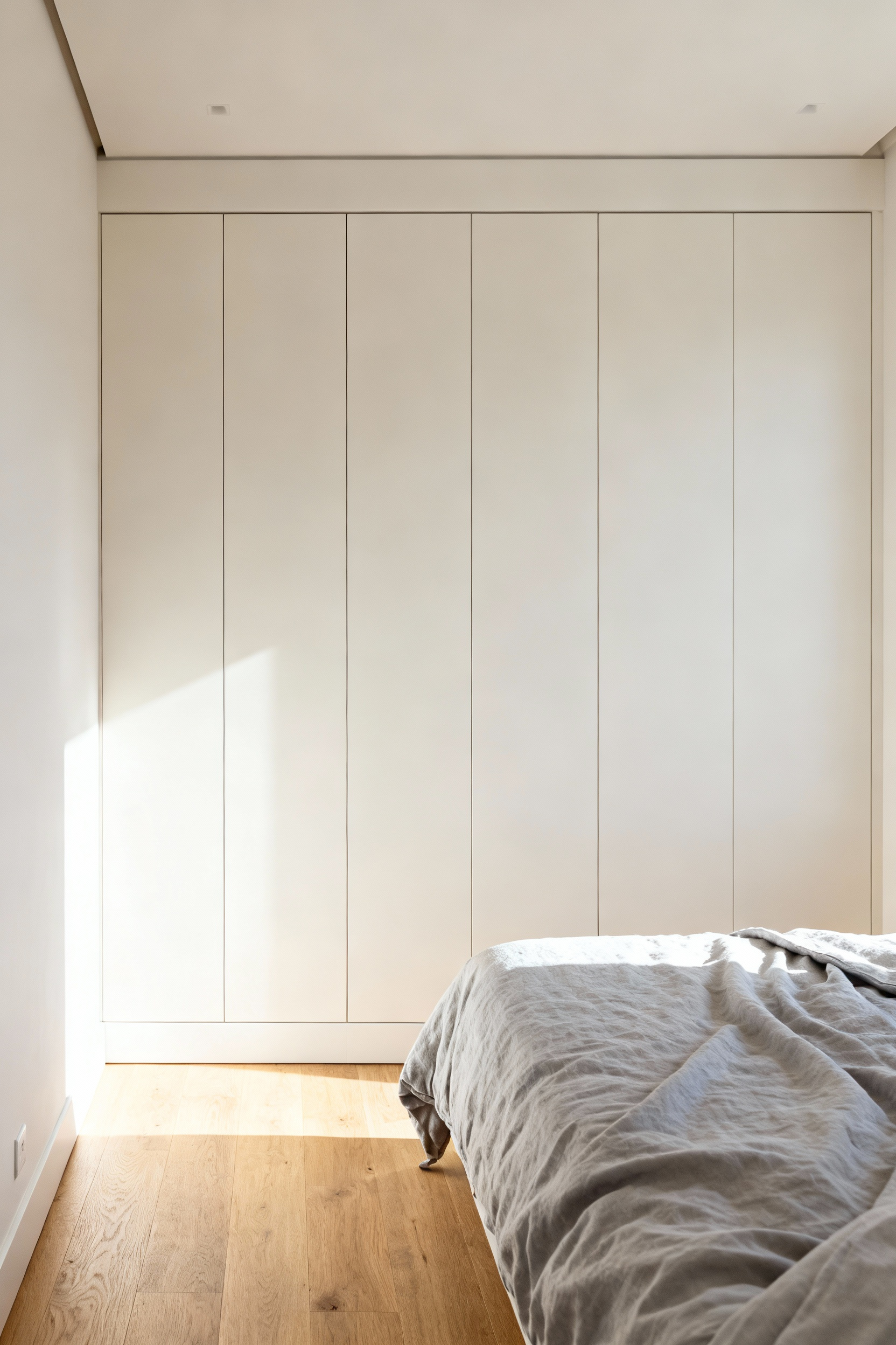 Seamless, floor-to-ceiling white joinery in a small bedroom creating an architectural illusion of greater vertical height and continuous visual flow.
