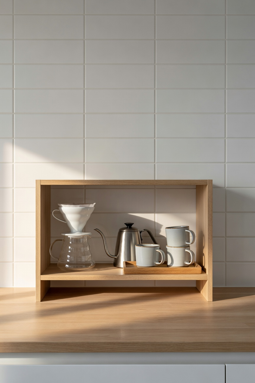 Minimalist Scandinavian apartment kitchen with a dedicated light oak 'Fika' coffee station featuring pour-over gear and gray stoneware mugs, emphasizing organized, space-saving decor.