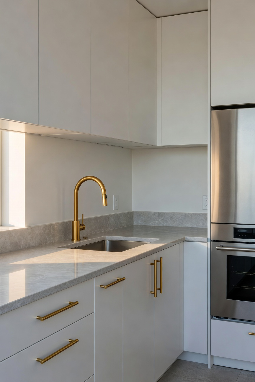 Modern apartment kitchen with white cabinets, stainless steel appliances, and brushed brass hardware creating warmth against cool tones.