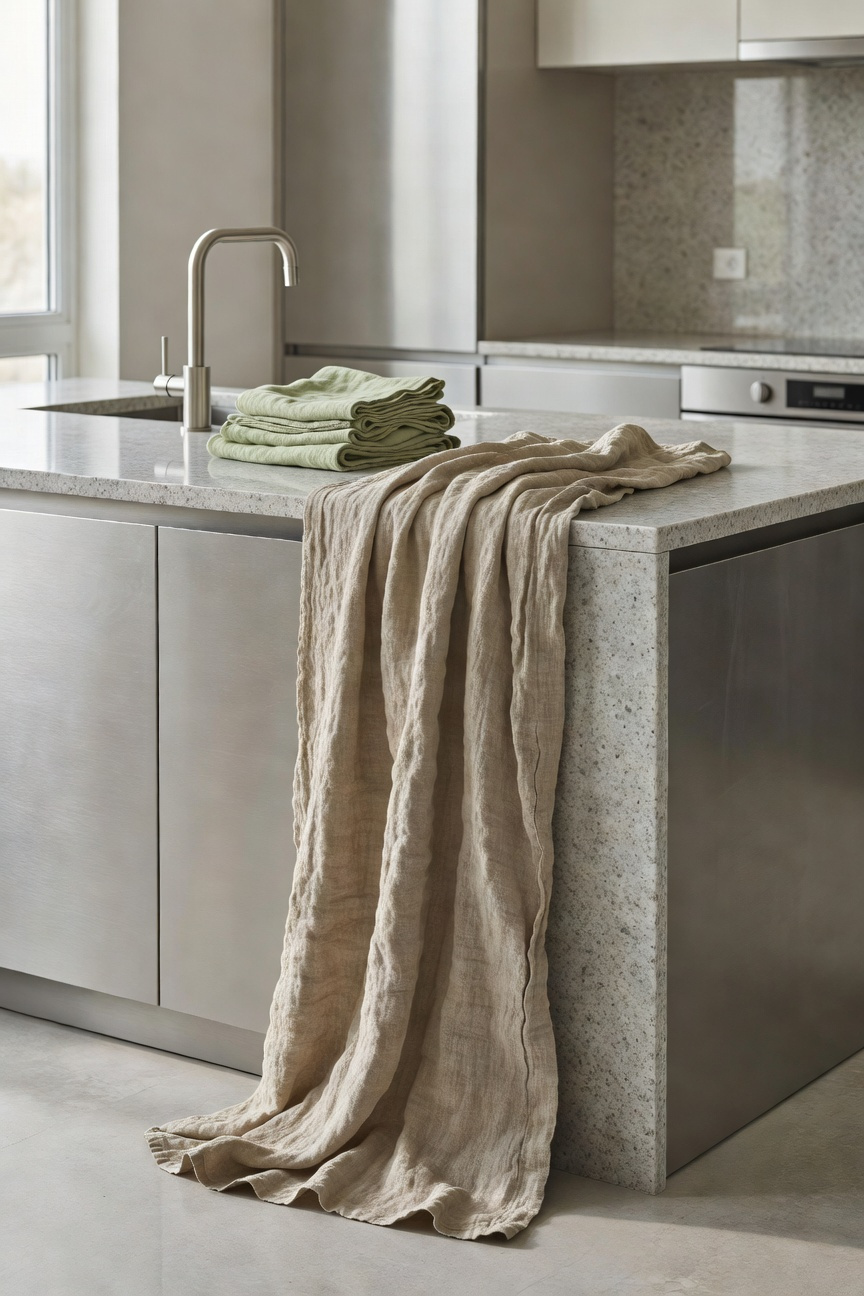 Stonewashed natural linen runner and olive tea towels providing a warm, tactile contrast against a cold granite countertop in a modern apartment kitchen.