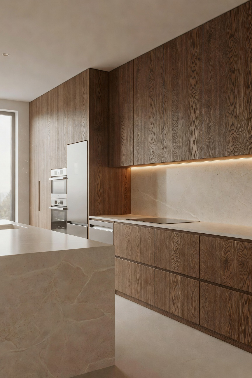 A warm, modern apartment kitchen featuring rich rift-cut wood veneer cabinets and honed limestone countertops, emphasizing natural materiality and biophilic design.