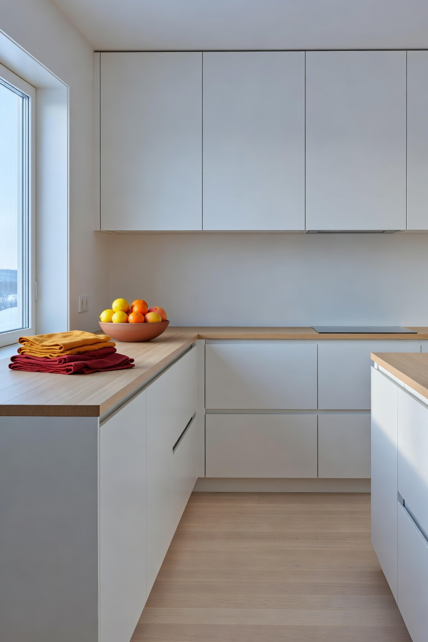 A modern Scandinavian apartment kitchen showcasing an inverse color temperature design strategy for winter. Cool, blue light streams through the window, contrasted sharply by warm accents including a terracotta bowl and folded ochre and red linen textiles on the white countertop.