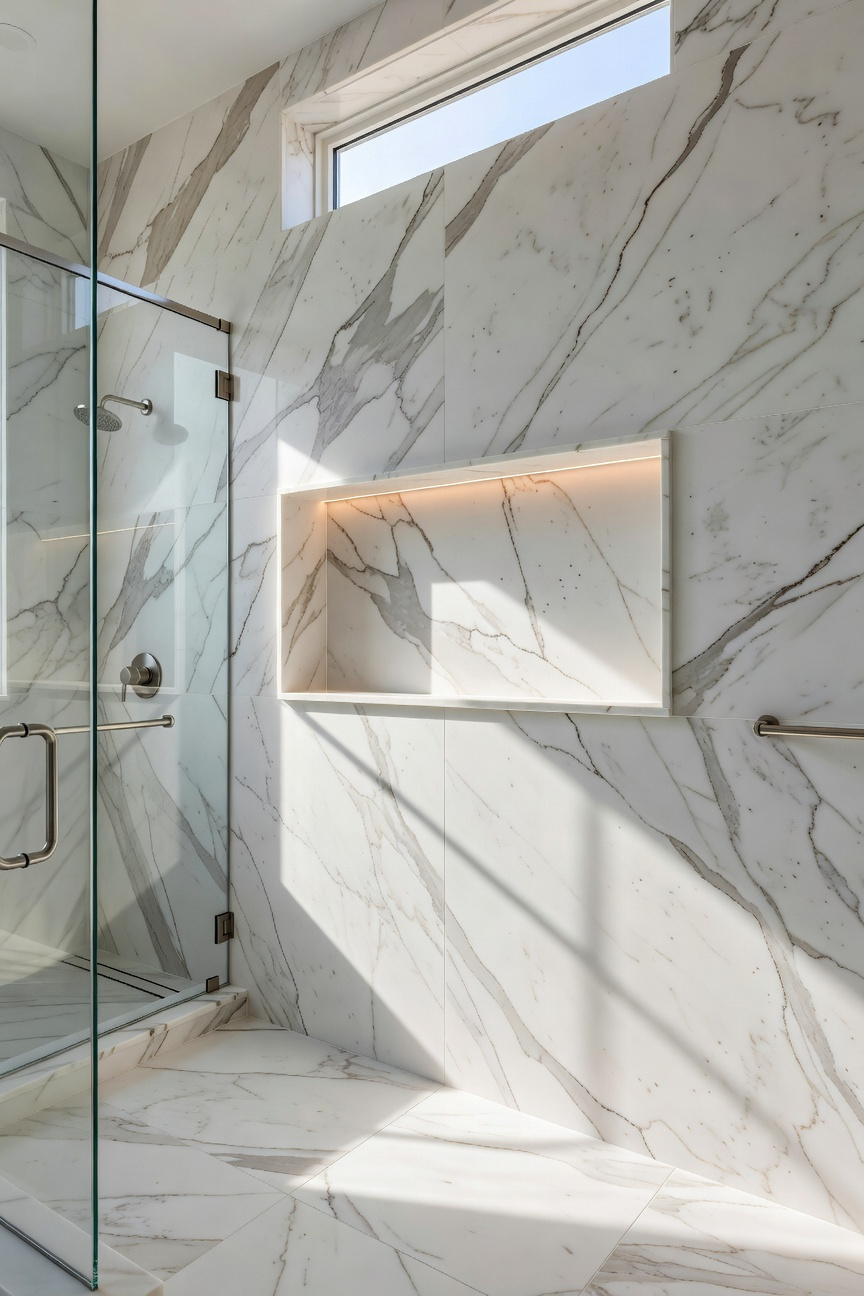 A luxury transitional shower featuring a seamless marble niche with vein-matching and mitred edges carved into a classical stone wall.