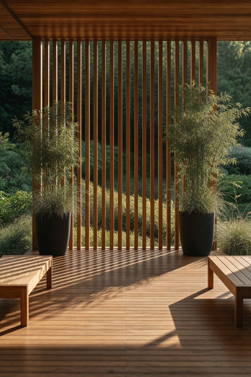 A modern wooden deck featuring a slatted teak privacy screen casting sharp shadows from golden hour sunlight, flanked by tall planters filled with bamboo.