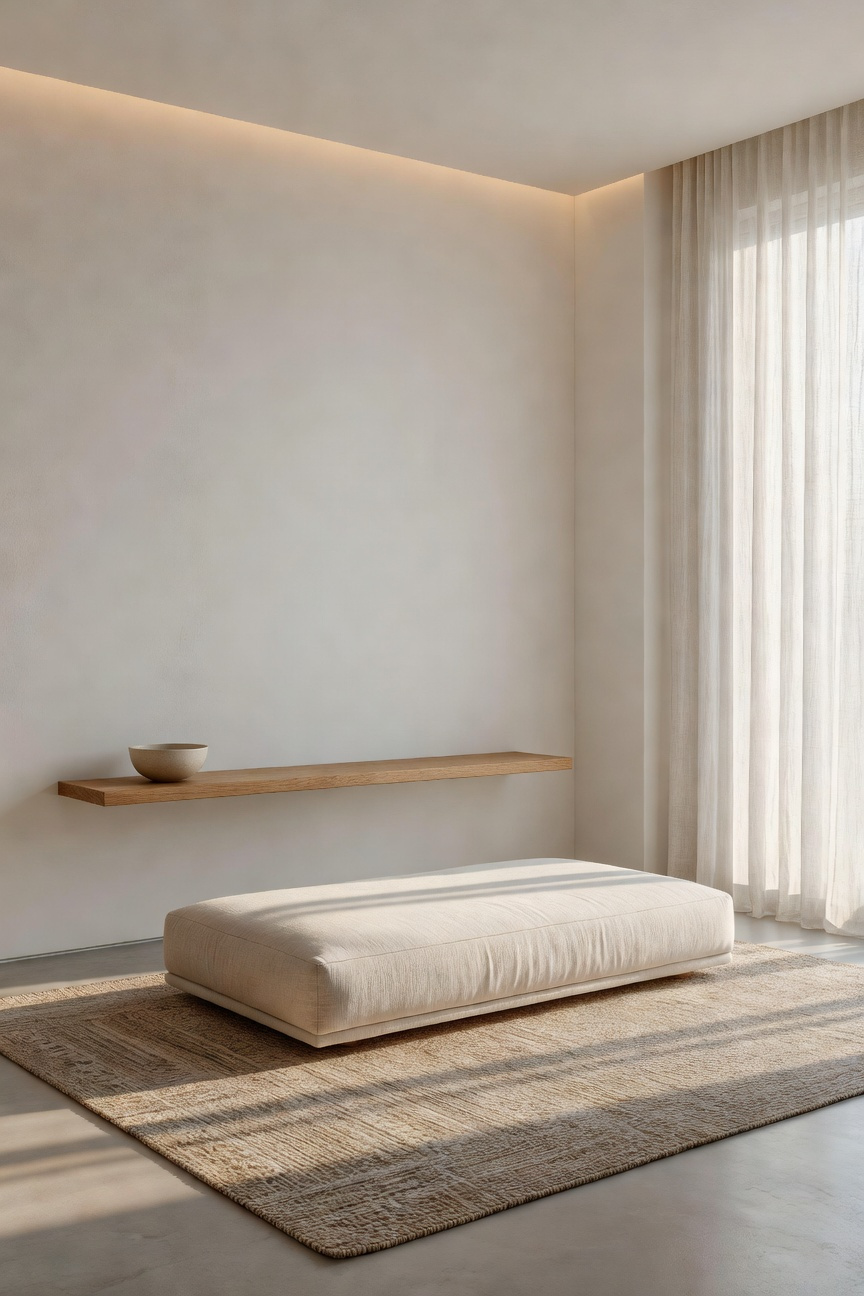 Minimalist luxury bedroom interior with smooth white walls designed for auditory minimalism, featuring a low cream daybed and concealed sound technology.