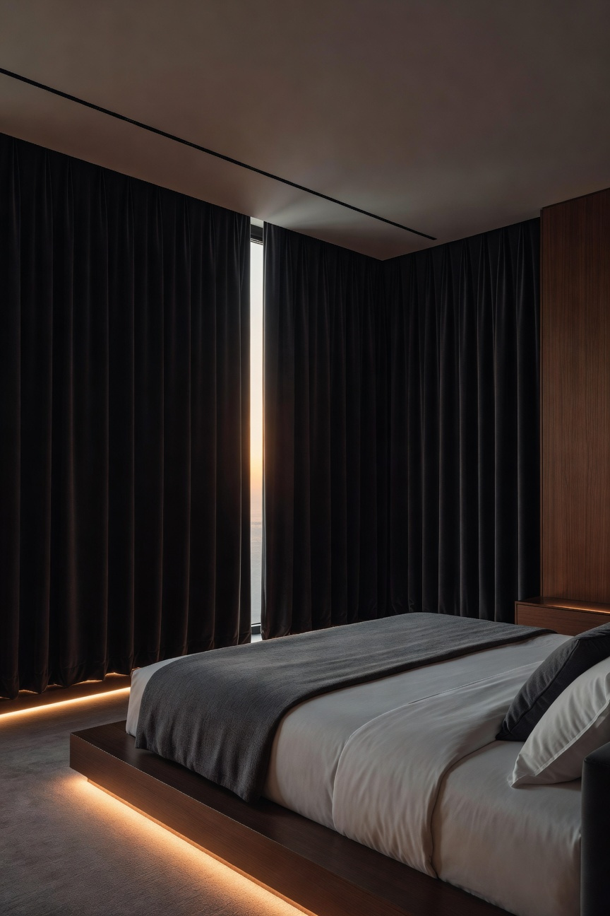 Wide view of an ultra-luxury bedroom featuring automated charcoal blackout drapery in recessed tracks closing over floor-to-ceiling windows, designed to achieve absolute darkness for profound sleep.