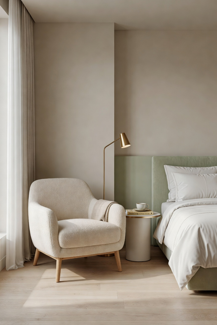 A modern bedroom featuring a dedicated Pause Corner with a cream armchair and reading lamp, situated physically apart from a neatly made king bed, illustrating clear sleep hygiene boundaries.