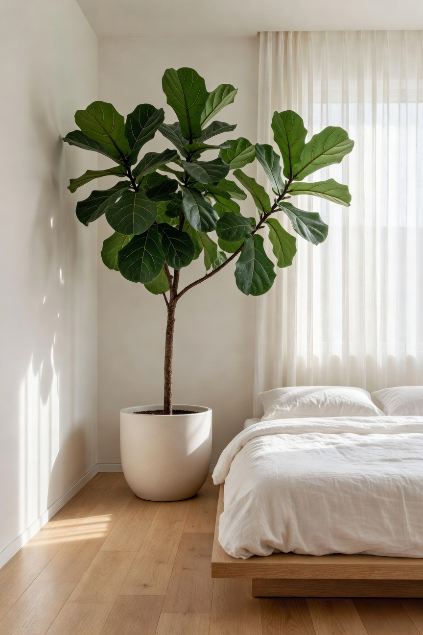 A minimalist bedroom design featuring a large, sculptural Fiddle Leaf Fig plant that introduces vertical interest and soft biophilic elements next to a natural wood platform bed.