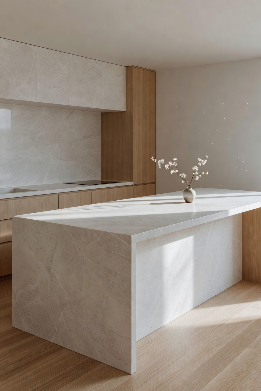 A bright and minimalist kitchen featuring clear marble countertops and light wood cabinets to demonstrate the concept of negative space in kitchen storage solutions.