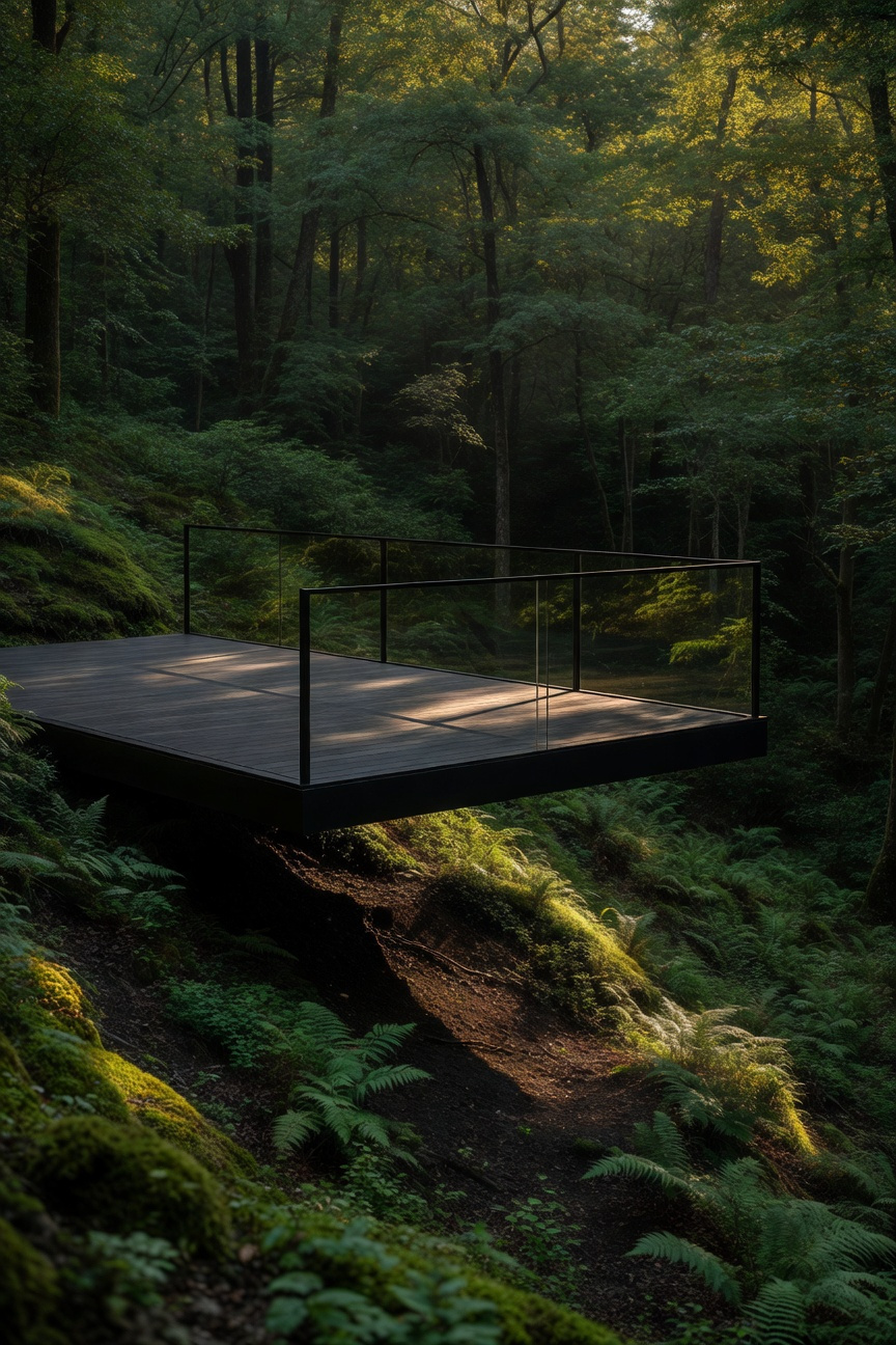 A modern, dark wood cantilevered deck suspended over a steep forest slope, demonstrating minimal-touch design with no visible footings disturbing the native ferns and uncompacted soil underneath.
