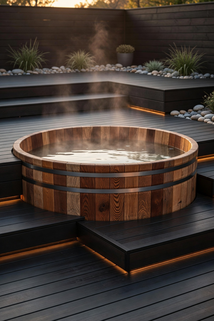 Traditional Western Red Cedar hot tub integrated flush into a modern dark wood deck structure, steaming under warm twilight lighting in a tranquil outdoor spa corner.