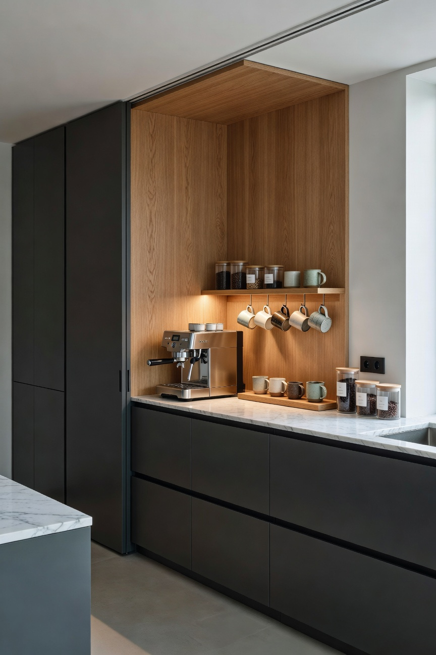 A modern minimalist kitchen featuring a hidden coffee and tea station with open pocket doors revealing warm wood shelves and a professional espresso machine.