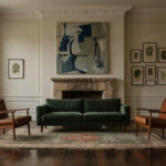 A spacious, curated eclectic living room in a heritage home featuring antique moldings, neutral white walls, a green velvet sofa, and mixed vintage and modern collected furniture.