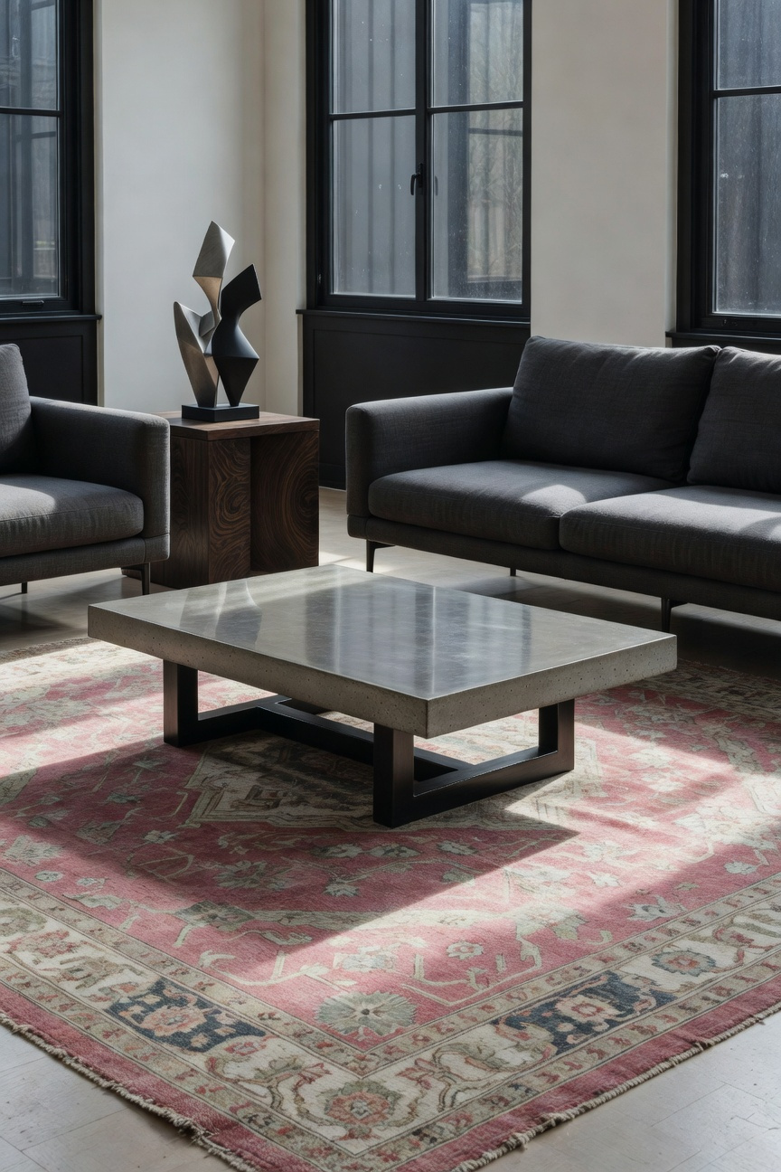 An eclectic living room interior showing the aesthetic tension between a large, distressed Oushak rug and sleek industrial furniture made of iron and concrete.