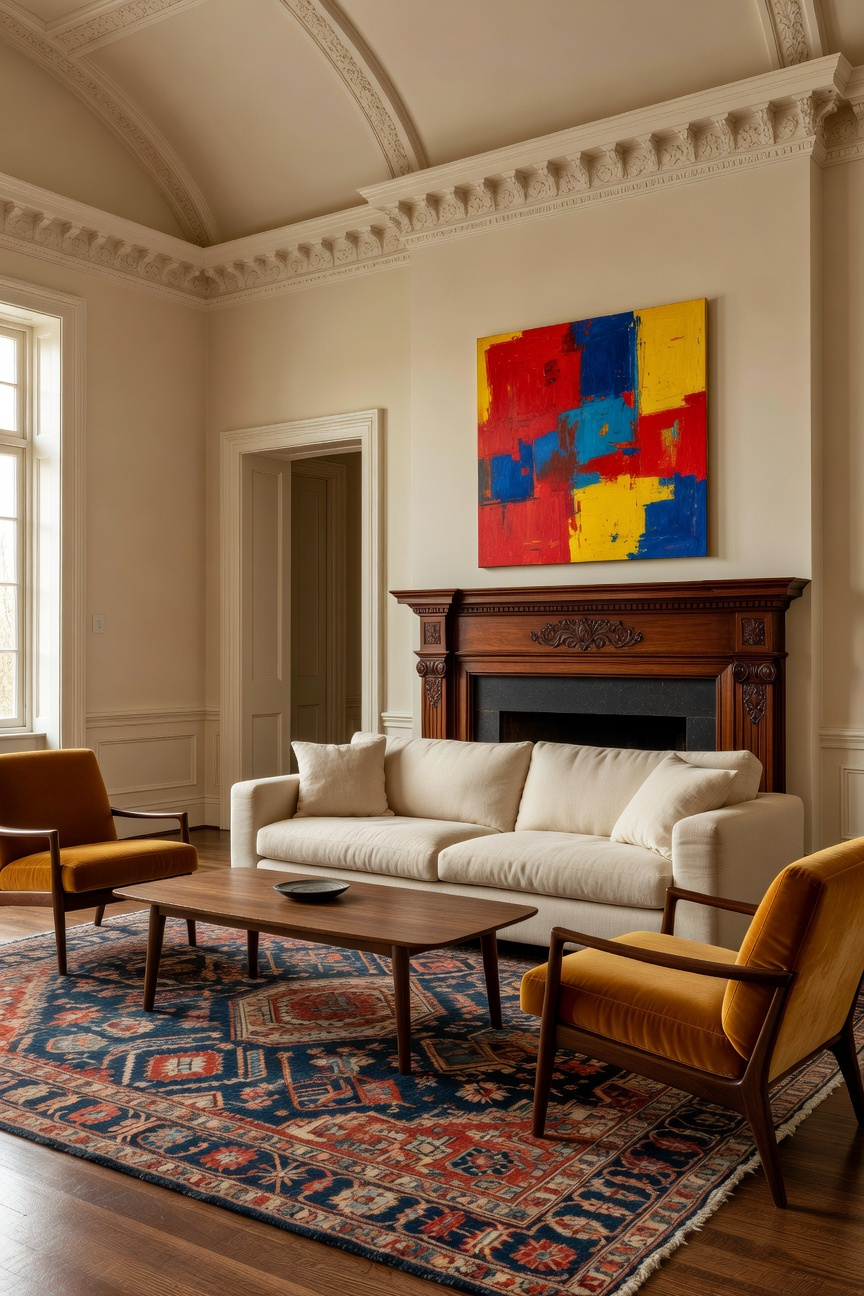 A stylish eclectic living room grounded in traditional architecture featuring an 80/20 mix of elements, including a cream sofa and ochre Mid-Century Modern chairs.