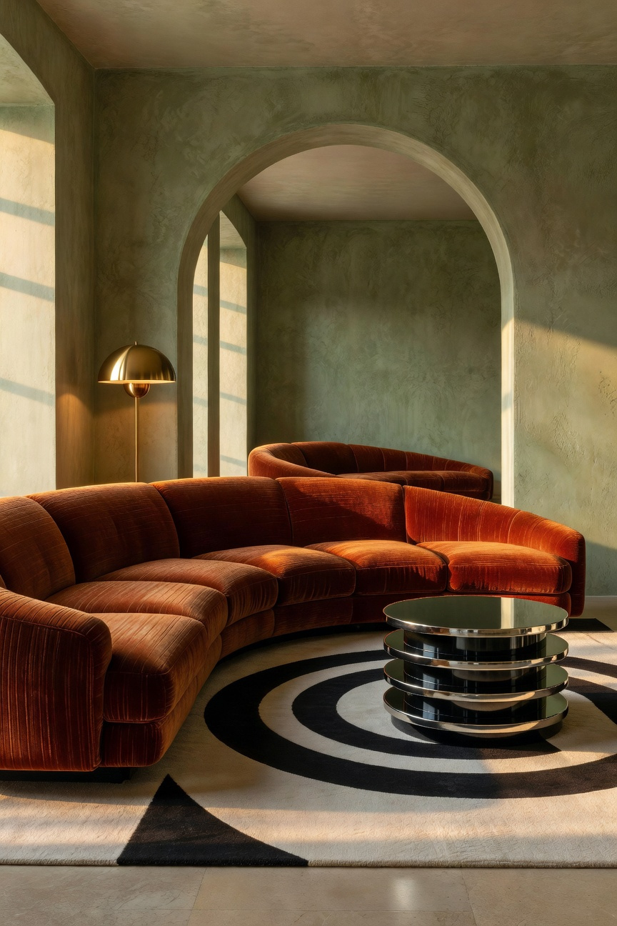 A vibrant eclectic living room where a curved rust-colored 1970s modular sofa visually echoes the polished chrome curves of a nearby Art Deco tiered side table, set under warm golden hour light.