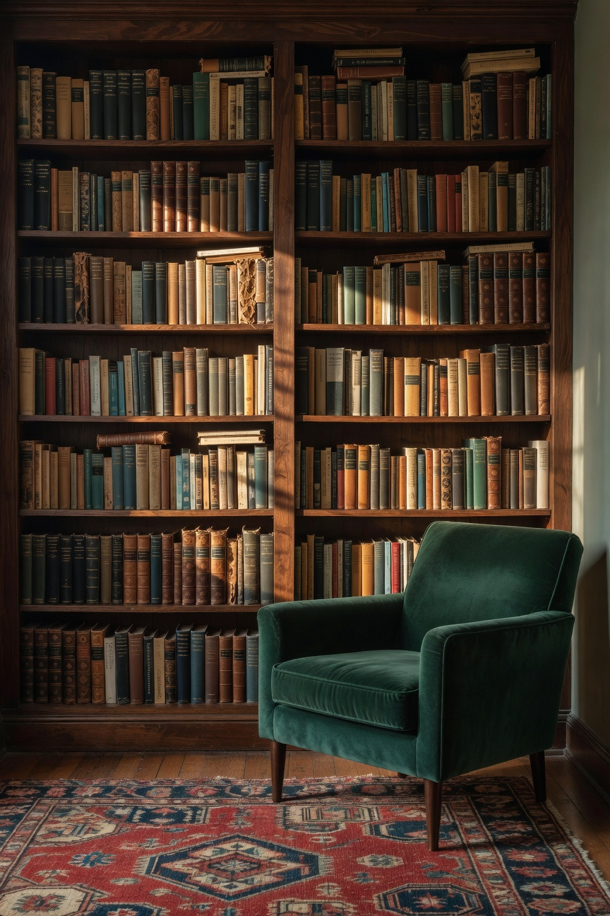 Detailed photograph of an eclectic living room featuring a massive, built-in bookcase. The books are densely stacked, emphasizing the architectural texture created by their varied spines (leather, cloth) absorbing directional warm light, adding immediate warmth to the space.