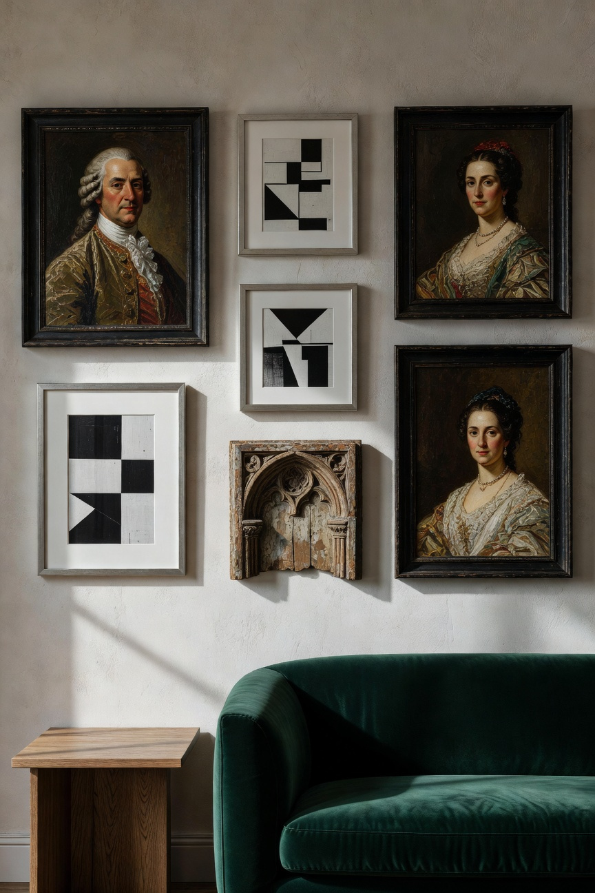 A sophisticated eclectic living room gallery wall featuring a mix of a framed oil portrait, high-contrast abstract photography, and a piece of architectural wooden salvage against a light plaster wall.