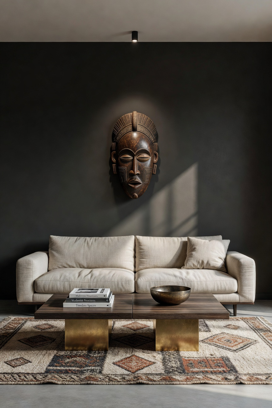 A museum-quality eclectic living room featuring a prominent West African ceremonial mask isolated on a charcoal feature wall, utilizing negative space for dramatic effect, alongside a linen sofa and a Moroccan rug.