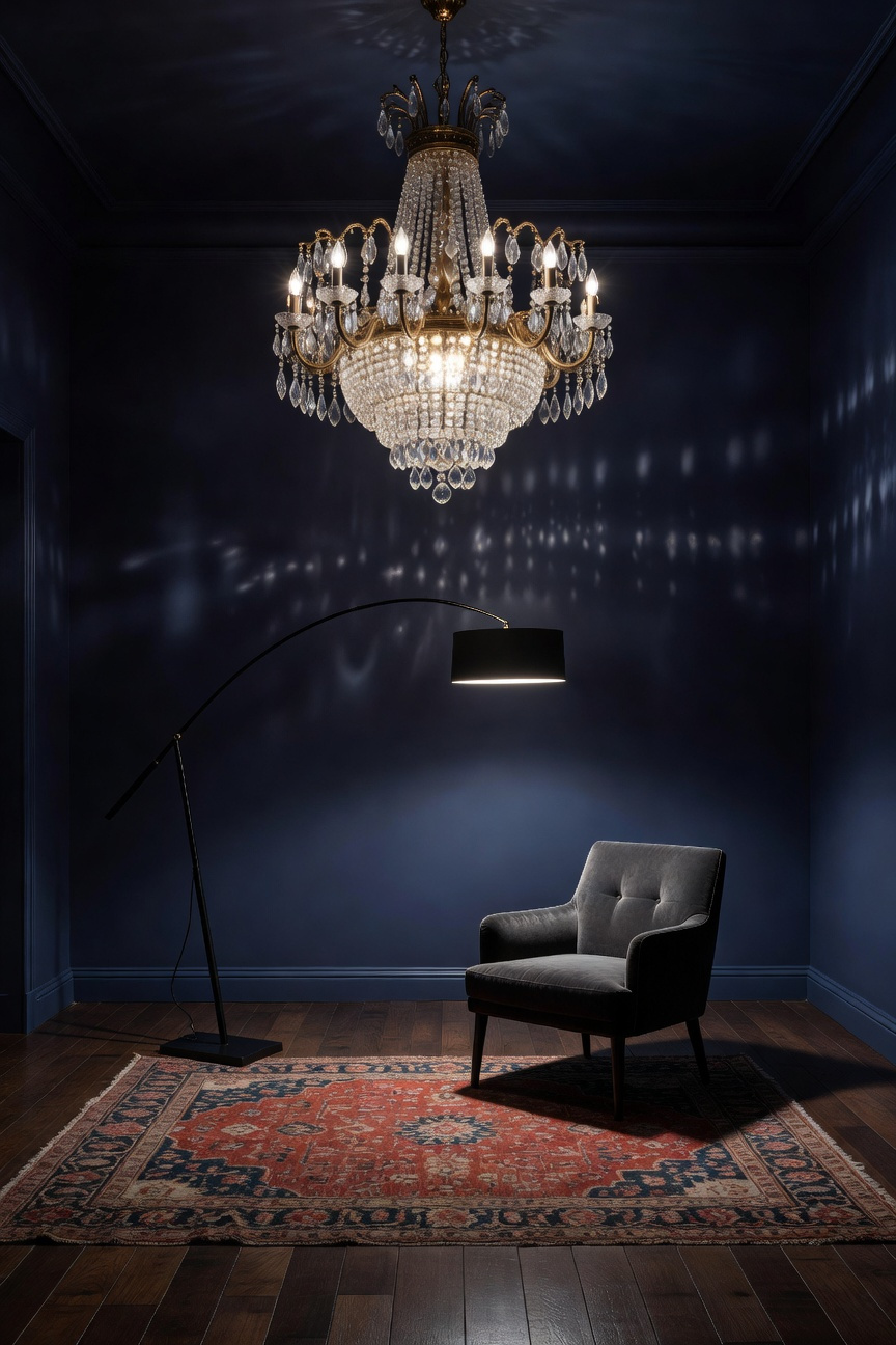 Eclectic living room featuring the deliberate visual conflict between a highly ornate crystal chandelier and a severe, minimalist black mid-century architectural floor lamp.