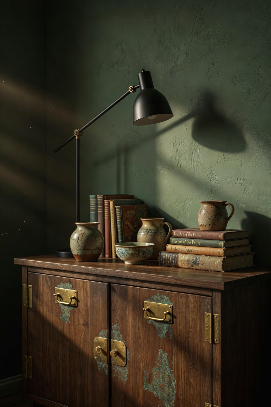 An eclectic living room design showcasing mixed metals mastery, pairing heavily patinated unlacquered brass console hardware with a modern matte black floor lamp.