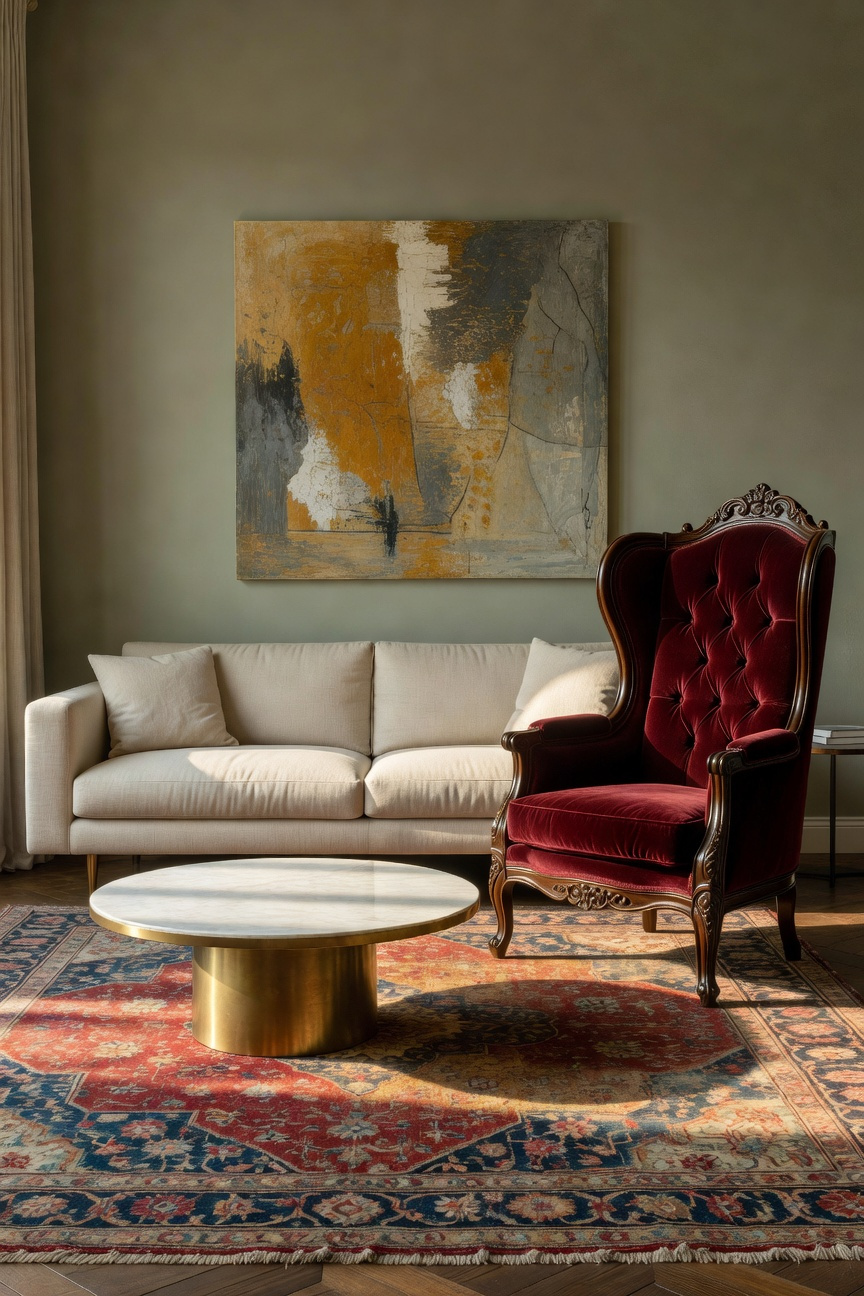 Eclectic living room demonstrating asymmetrical balance, featuring a sleek modern sofa juxtaposed against an ornate antique wingback chair to create visual tension and dynamic equilibrium.