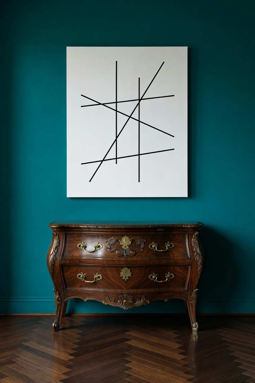 An eclectic living room vignette showing a dark wood Louis XVI commode set against a deep teal wall, visually unified with a minimalist abstract painting hanging directly above it.