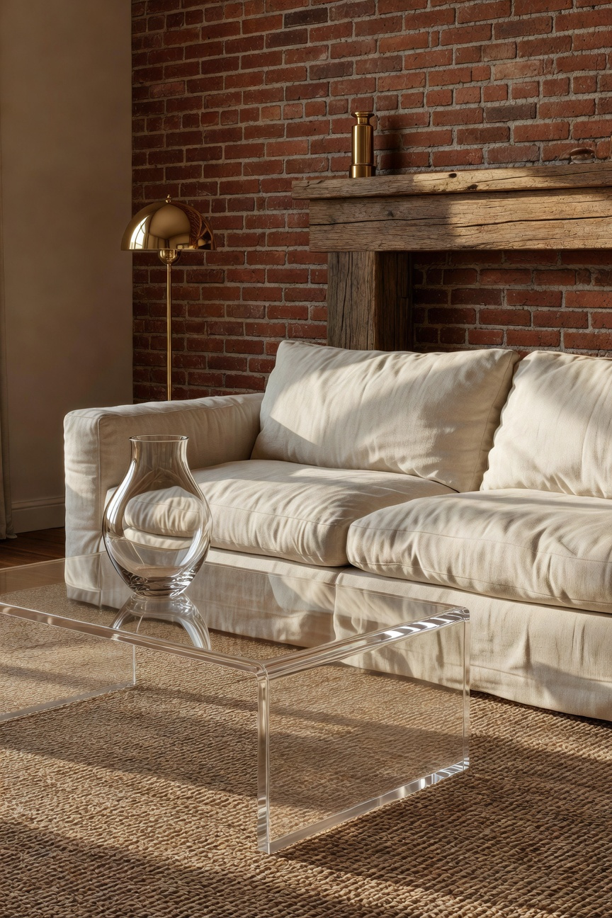 A high-contrast eclectic living room balancing textures; featuring a transparent Lucite coffee table, heavy cream linen sofa, and an exposed red brick wall, emphasizing the interplay between slick and raw materials.