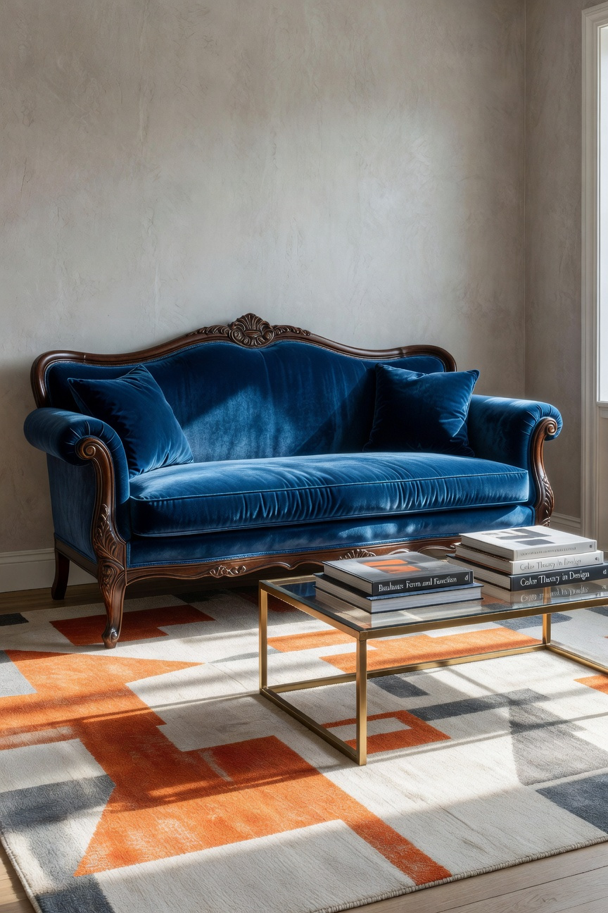 A vibrant photograph of an eclectic living room centered around a Victorian settee reupholstered in bold sapphire blue velvet, contrasting with modern geometric decor and bright natural lighting.