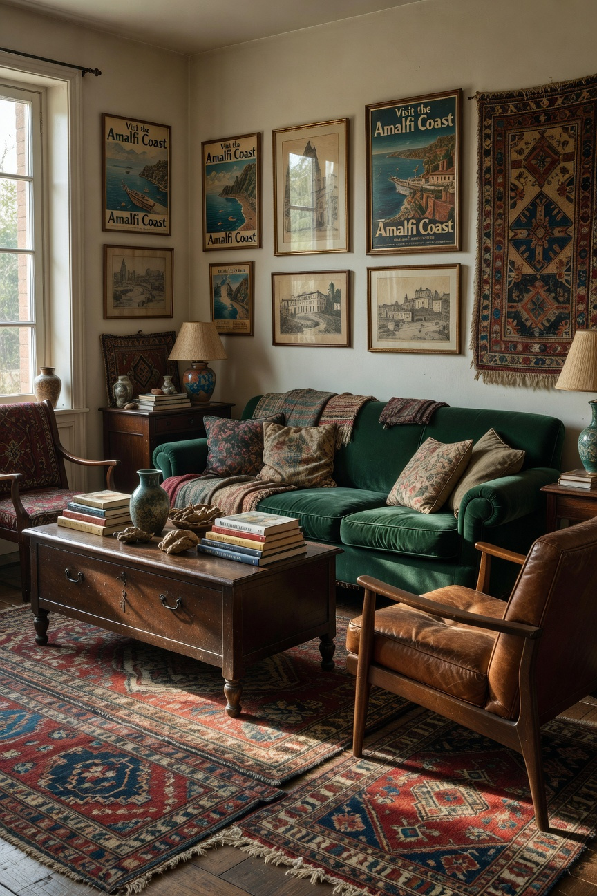 A richly textured, eclectic living room showcasing varied antique and vintage items collected over time, embodying the principles of Slow Design and emotional durability.