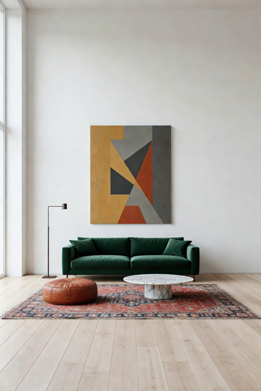 A photograph of a spacious, high-ceiling eclectic living room with white walls, featuring an emerald green sofa and intentional use of negative space to prevent visual fatigue.