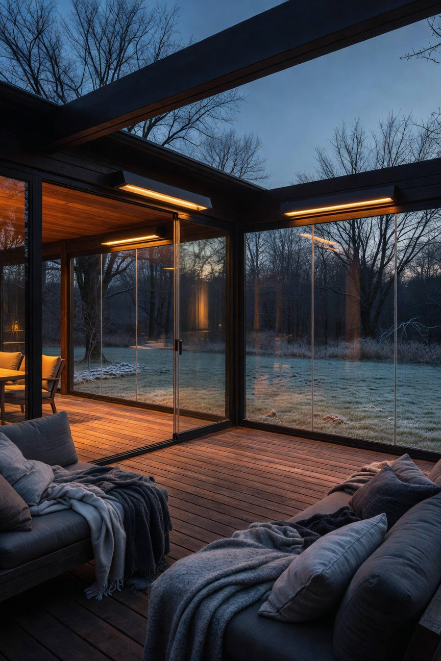 A luxurious wooden deck adapted for year-round use during twilight, featuring permanent infrared heaters mounted above and seamless glass wind-block barriers to create a warm microclimate against the cold exterior landscape.