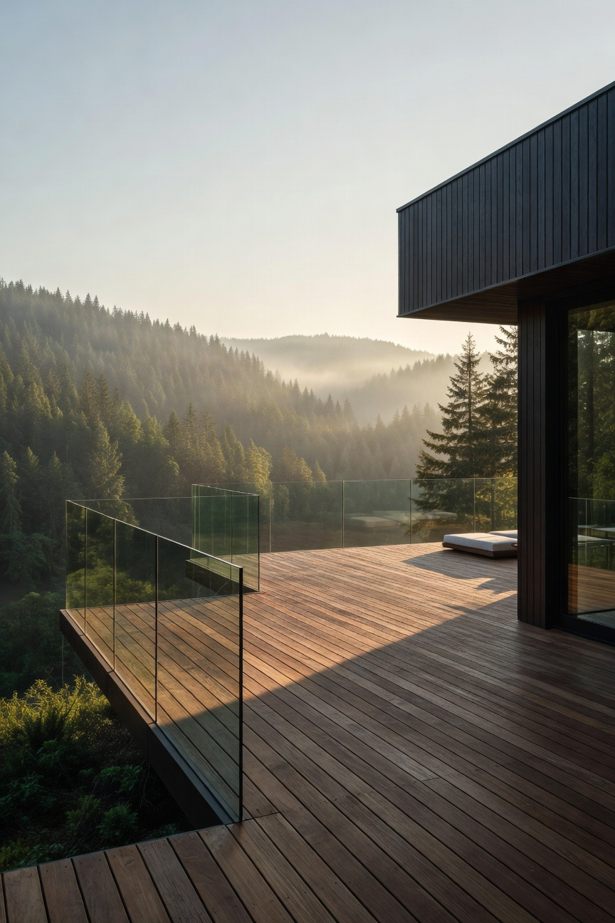 A modern wooden deck featuring an invisible frameless glass railing system that provides an unobstructed panoramic view of a lush mountain valley at sunrise, illustrating the Nordic railing philosophy of maximizing light and view.