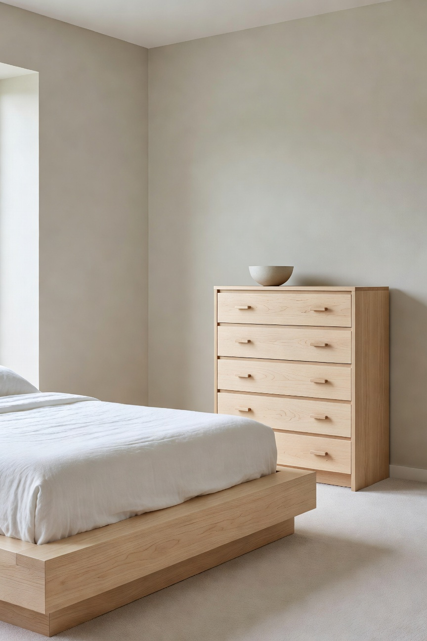 A serene, minimalist bedroom featuring light wood furniture with clean lines, inspired by Shaker design principles emphasizing utility over decoration, capturing the essence of a functional sanctuary.
