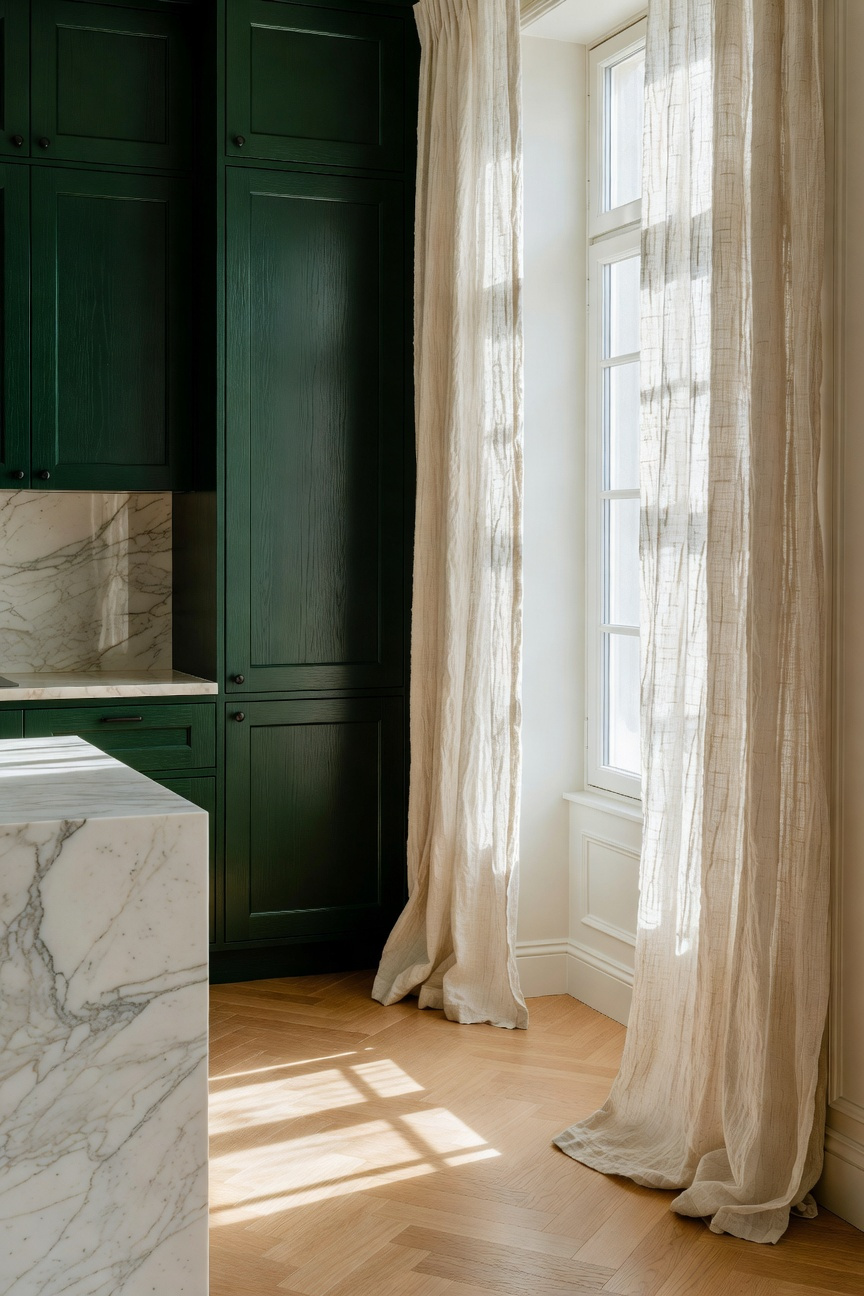 A spacious kitchen featuring dark green cabinets paired with soft linen window treatments and natural wood accents.