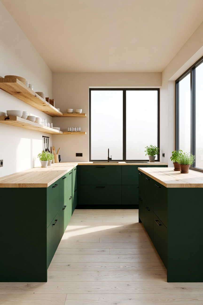 A modern kitchen interior featuring dark green cabinets paired with light ash wood textures and bright natural lighting.