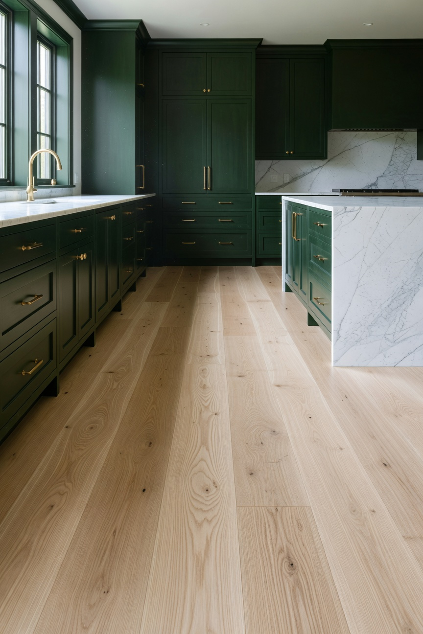 A bright kitchen design featuring forest green cabinets and wide-plank oak hardwood flooring with natural wood grain.