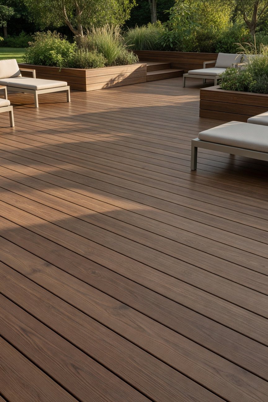 Luxury composite deck that perfectly replicates the deep color and non-repetitive grain of exotic hardwood in a modern outdoor living space.