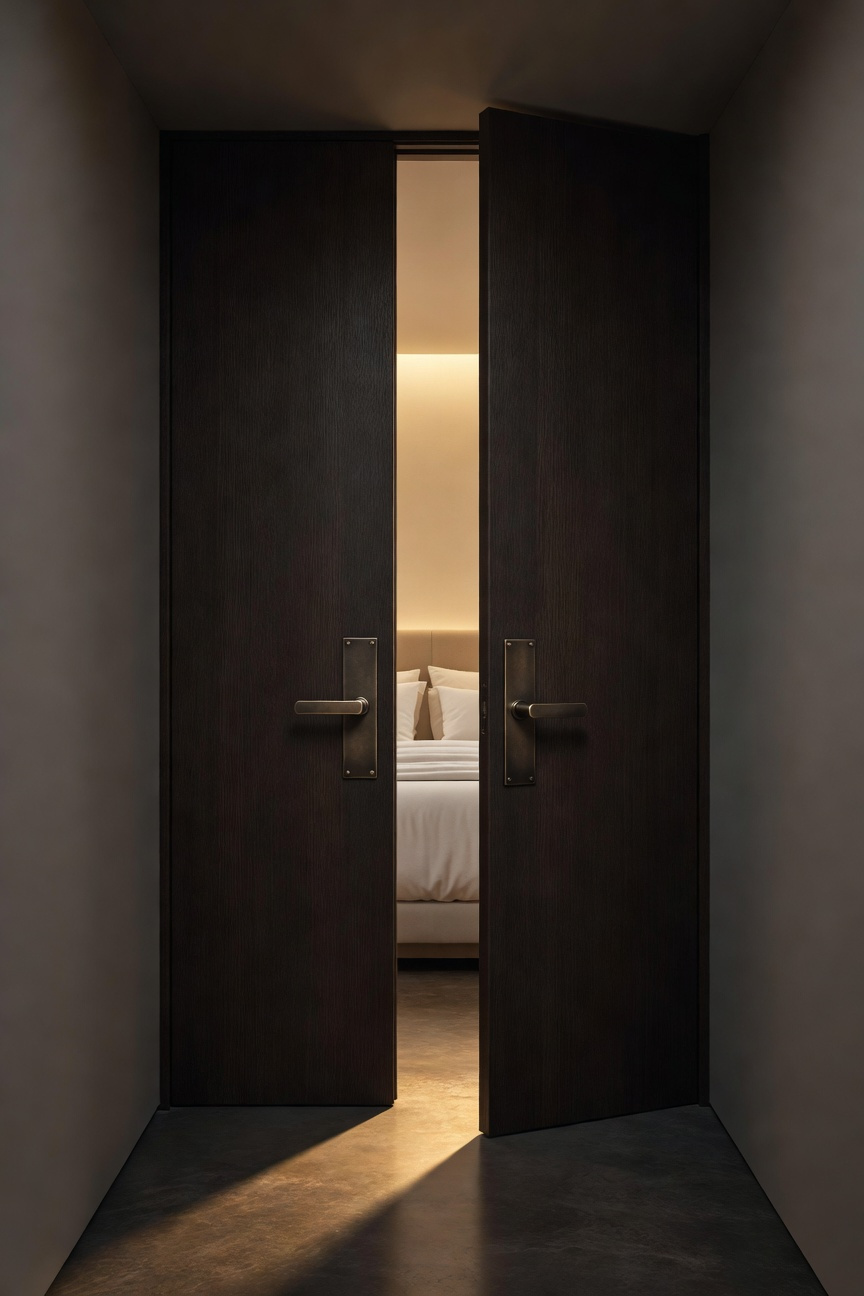 A substantial, thick, dark wood high-mass interior door with heavy matte bronze hardware, slightly open to reveal a glimpse of a quiet luxury master bedroom with white linens and warm ambient lighting.