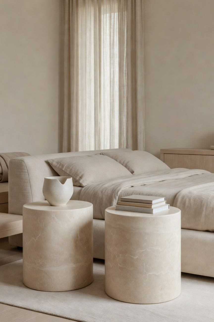 Luxury bedroom featuring two matte, honed travertine side tables beside a linen bed, showcasing earth tones and diffused natural light for a calming ambiance.