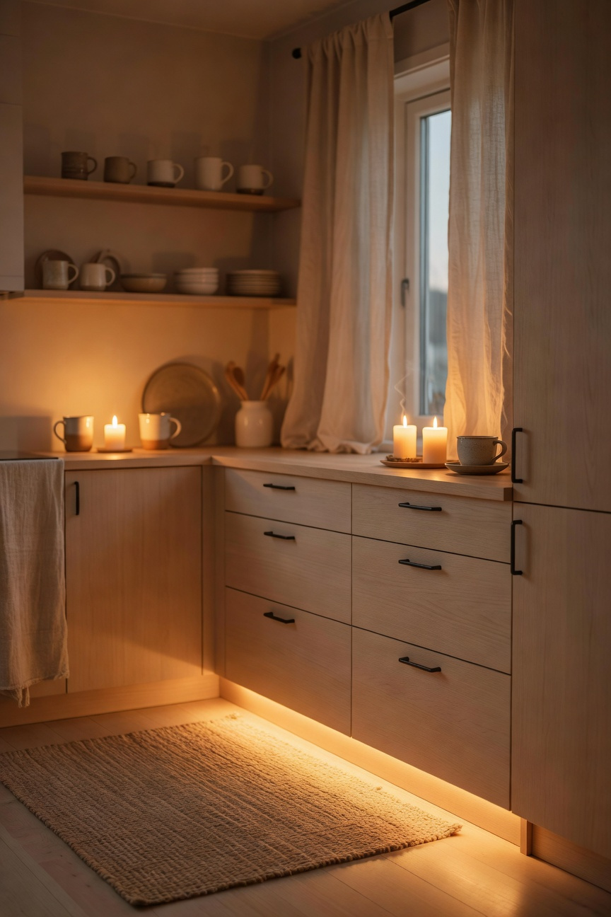 A warm, hygge-styled Scandinavian apartment kitchen illuminated only by ambient candle and under-cabinet LED lighting, emphasizing coziness and atmosphere.