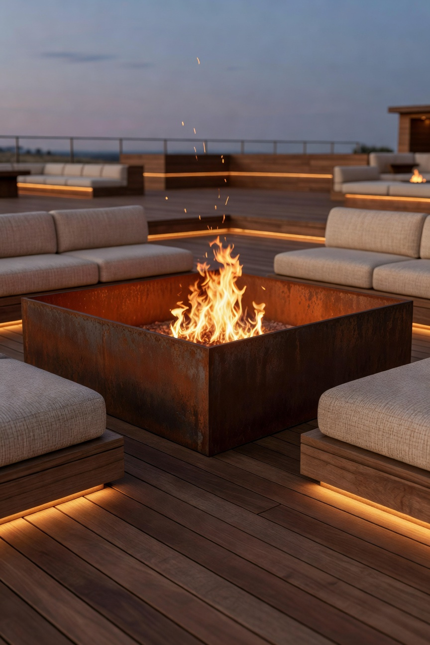 A wide-angle view of a modern wooden deck featuring a circular sunken fire pit lined with Corten steel, surrounded by built-in curved seating illuminated by the firelight at twilight.