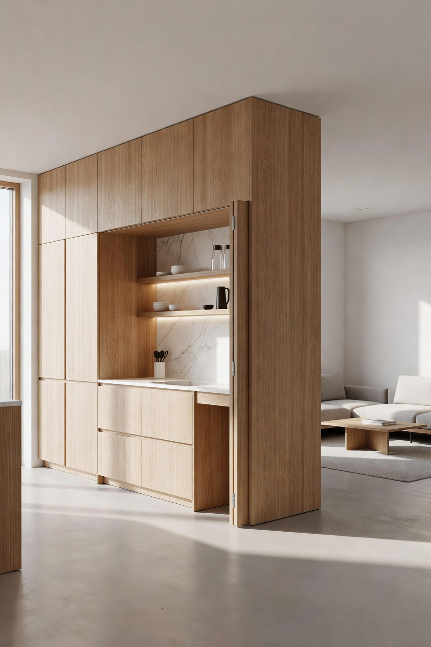 A minimalist Scandinavian kitchen featuring floor-to-ceiling wood panels and flush-integrated pocket doors that hide the cooking area.