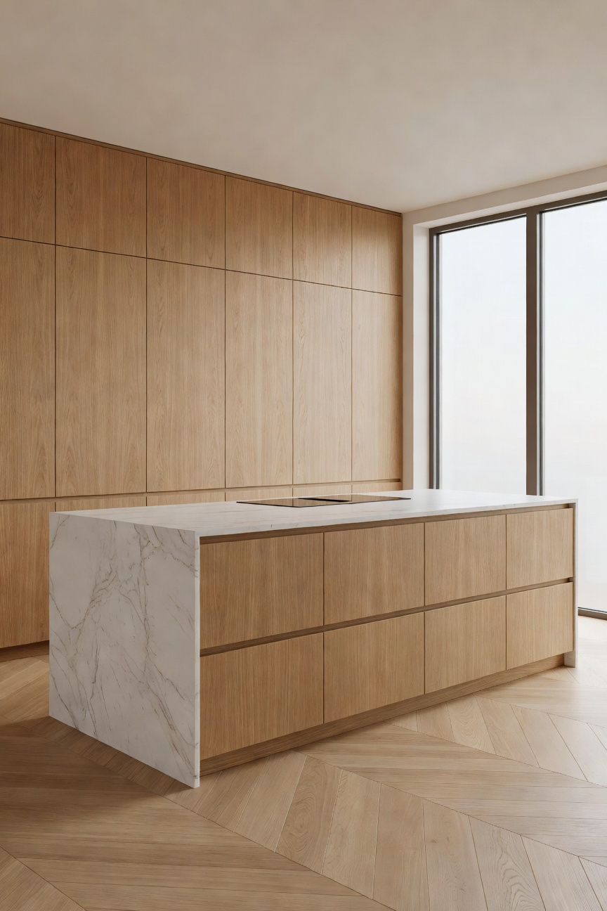 A modern kitchen design featuring seamless panel-ready appliances and custom wood cabinetry for a minimalist invisible look.